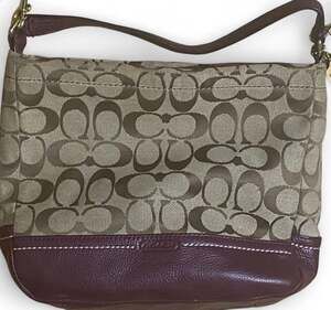 Coach Park Signature C Khaki and Burgundy Leather Trim Hobo Bag